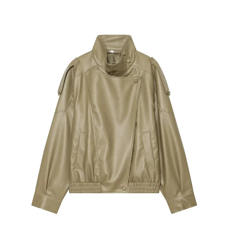 Pebbled Faux Leather Moto Jacket in Olive Green