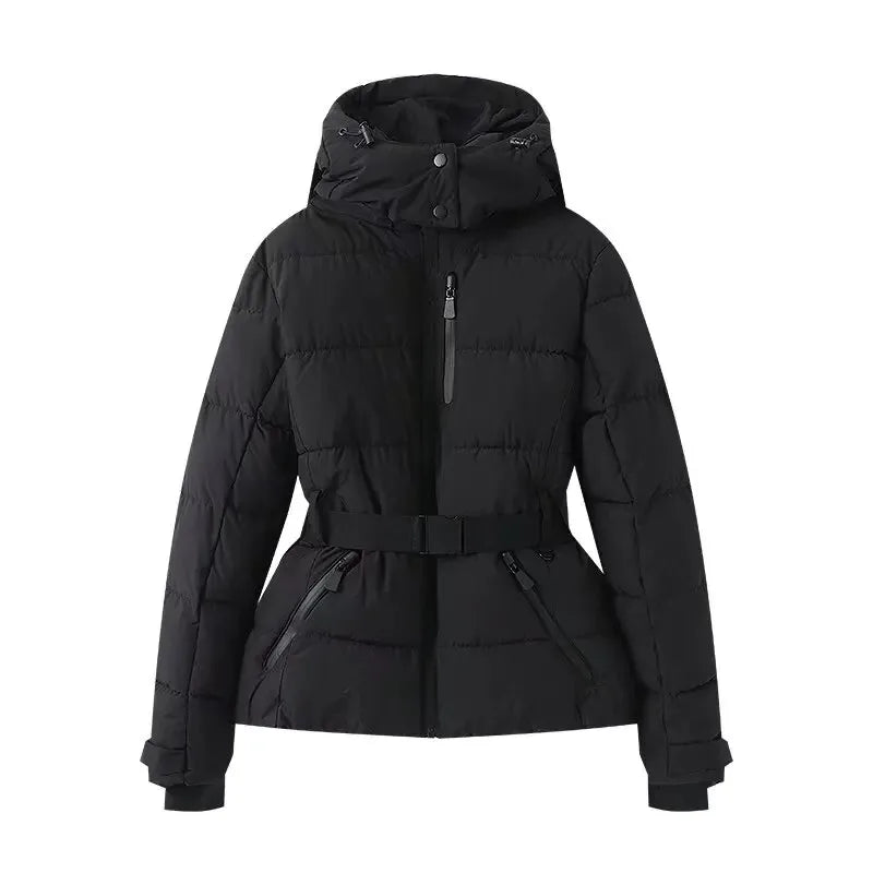 Belted Hooded Puffer Parka in Black