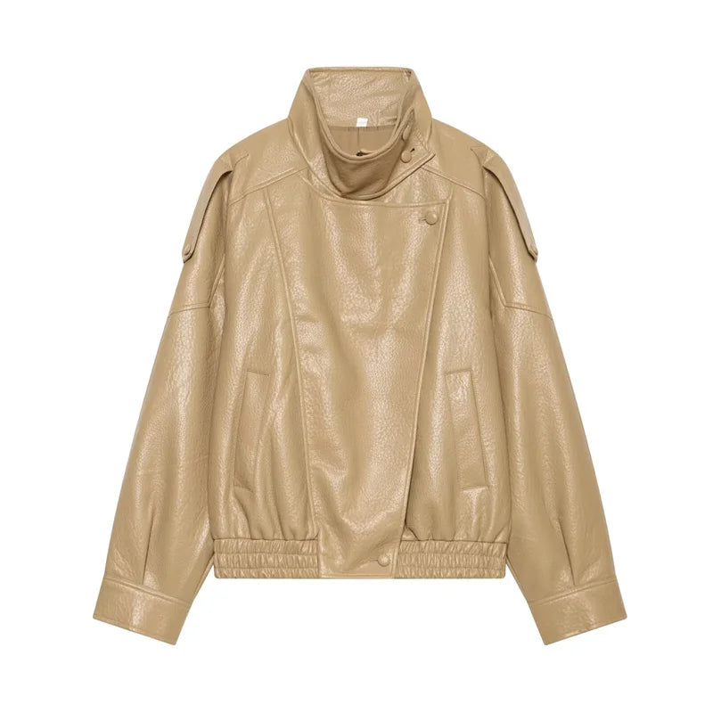 Pebbled Faux Leather Moto Jacket in Khaki