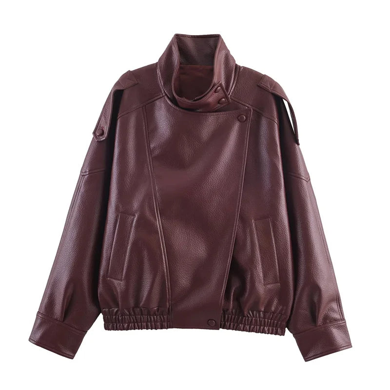 Pebbled Faux Leather Moto Jacket in Claret