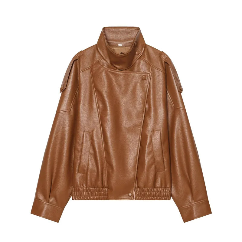 Pebbled Faux Leather Moto Jacket in Orange
