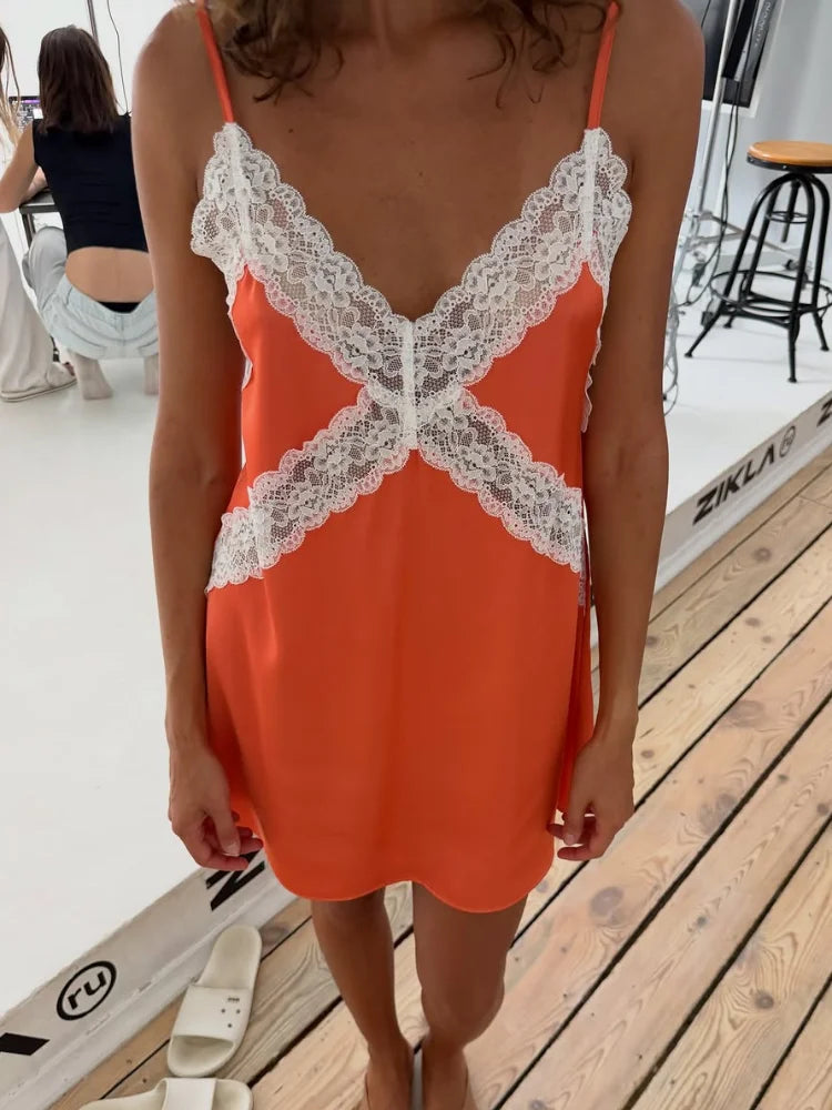 Lace-Trim Satin Slip Mini in Orange