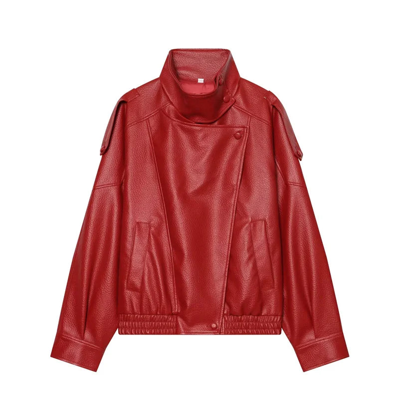 Pebbled Faux Leather Moto Jacket in Red