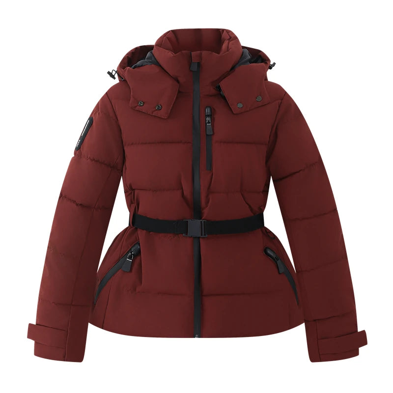 Belted Hooded Puffer Parka in Burgundy