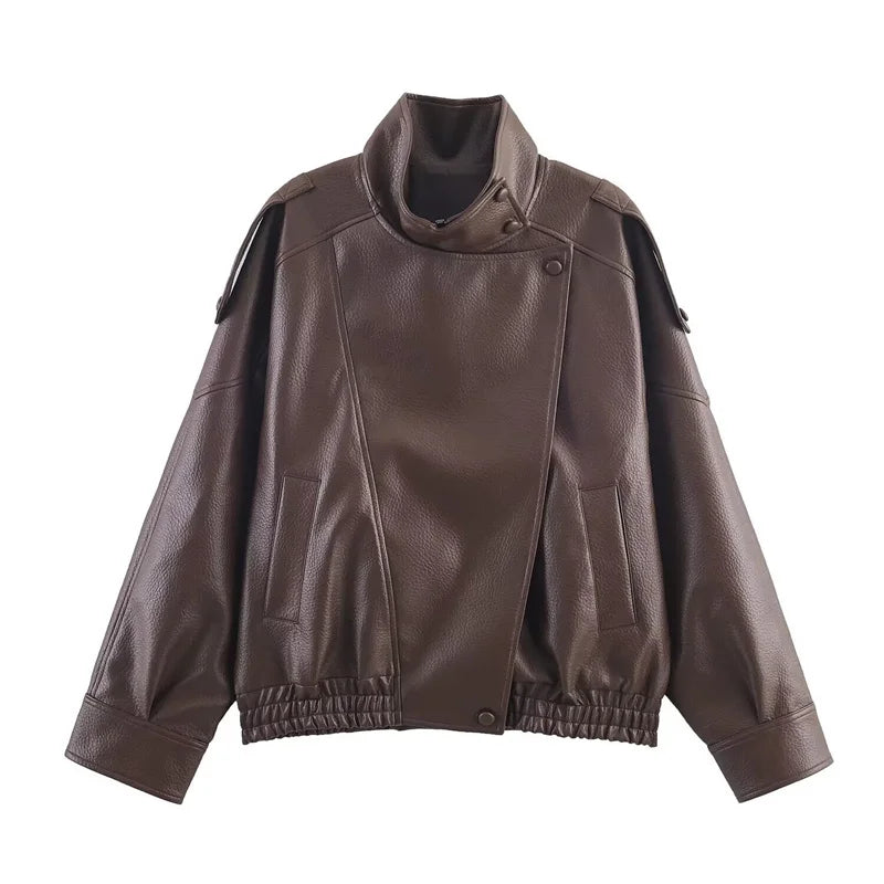 Pebbled Faux Leather Moto Jacket in Brown