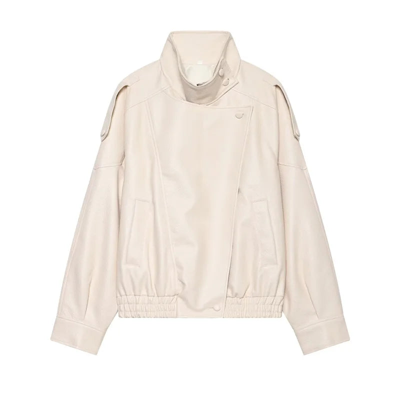 Pebbled Faux Leather Moto Jacket in Beige