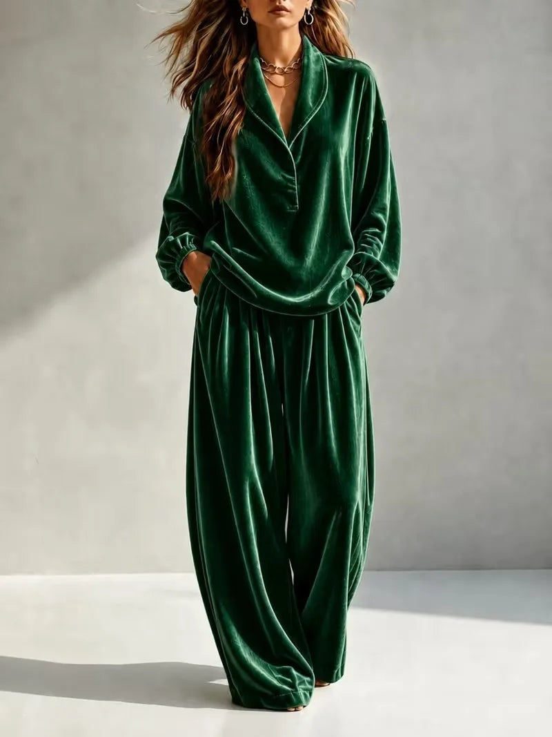 Velvet Lapel Two-Piece Set in Green