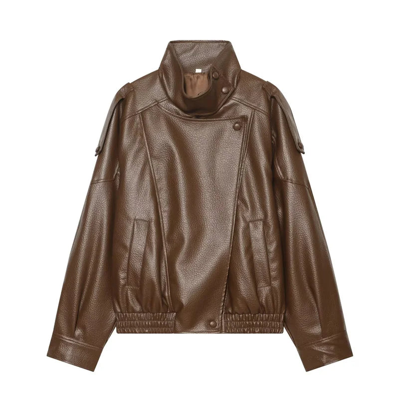 Pebbled Faux Leather Moto Jacket in Caramel