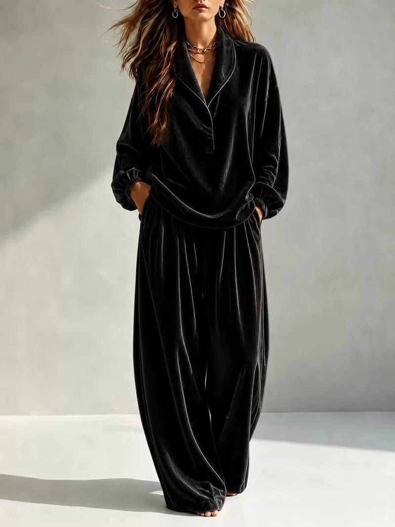 Velvet Lapel Two-Piece Set in Black