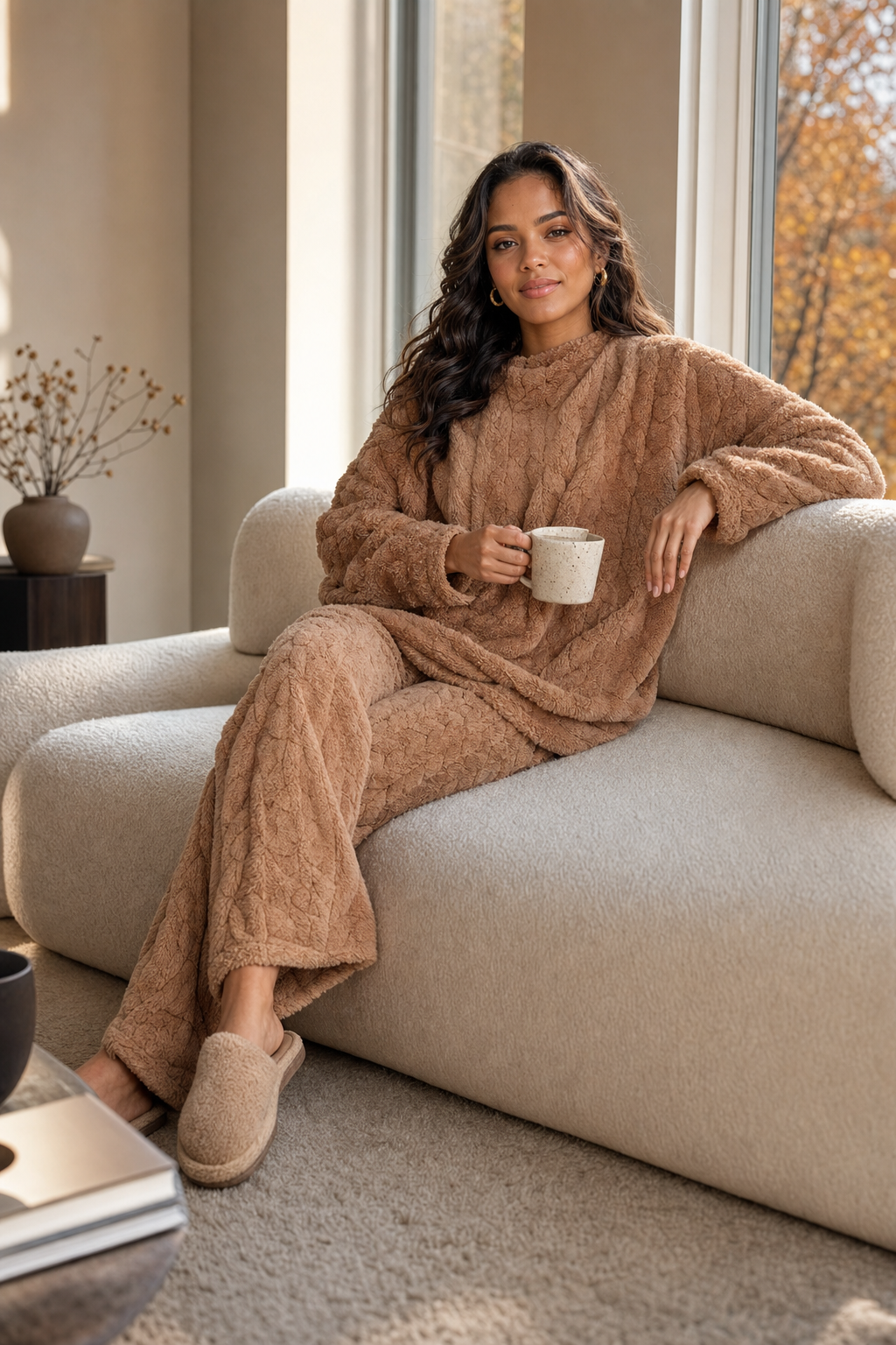 Lucia Velvet Jacquard Lounge Set on model, Seravani