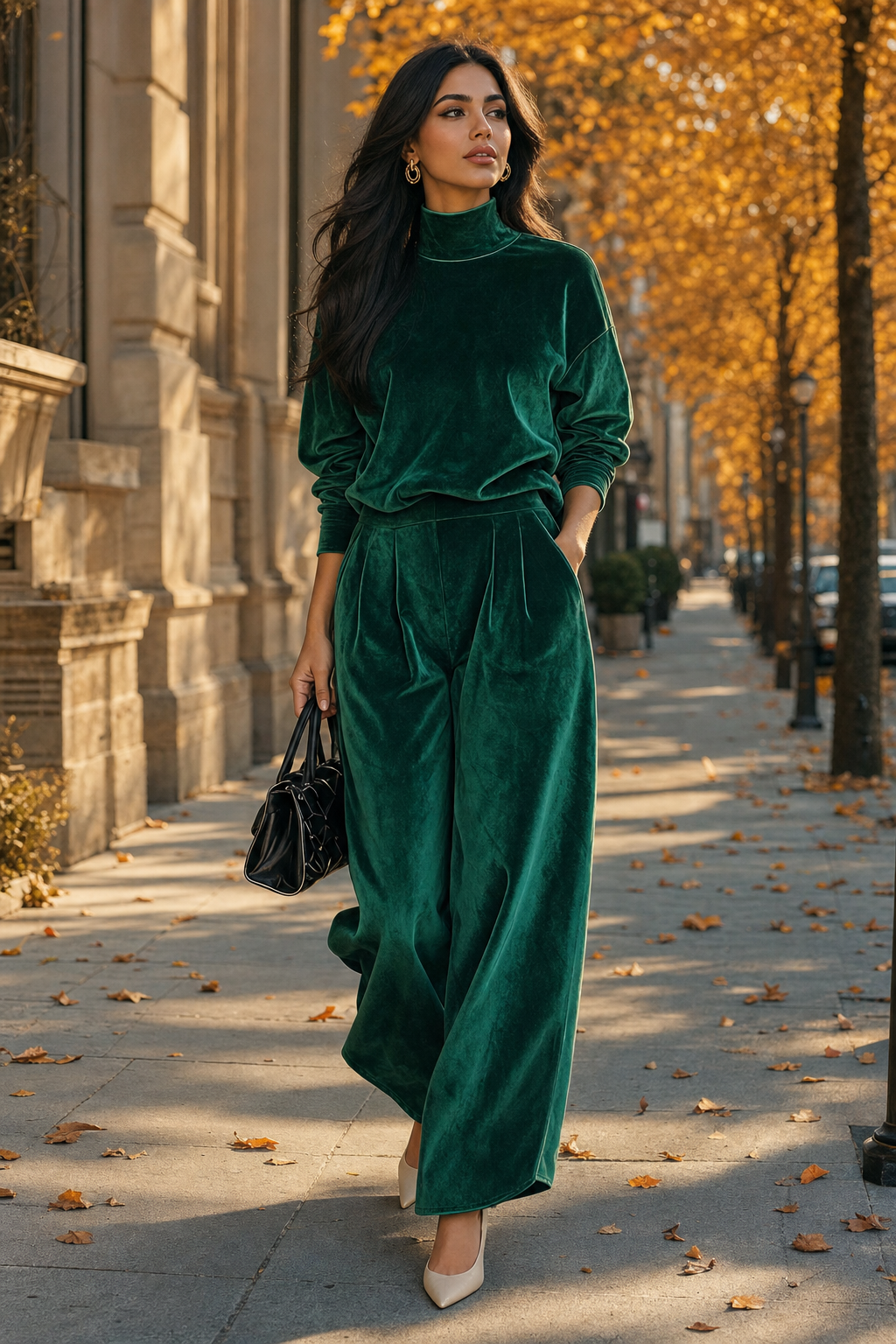 Serena Velvet Lounge Set on model, Seravani
